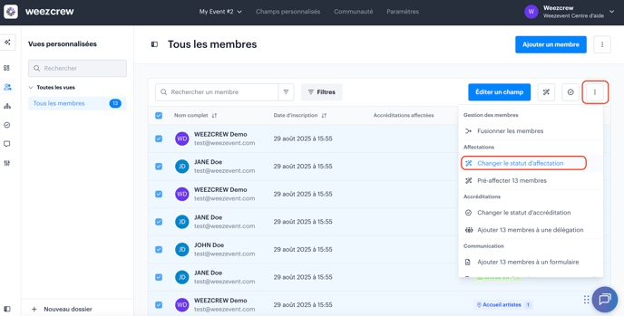 changer le statut daffectation