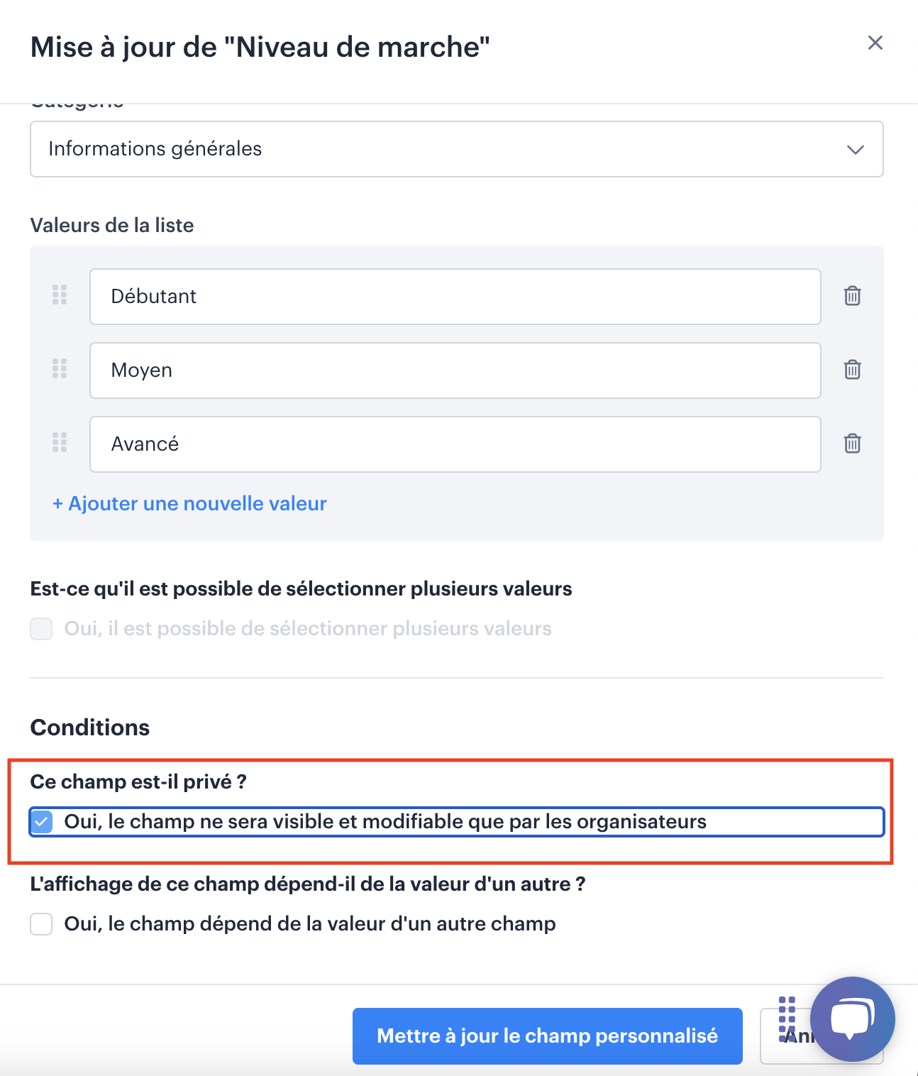 Créer un champ personnalisé privé