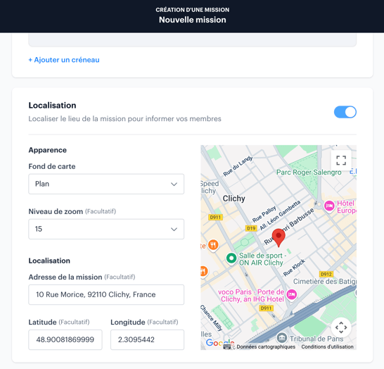 Définir une localisation précise pour ma mission FR01