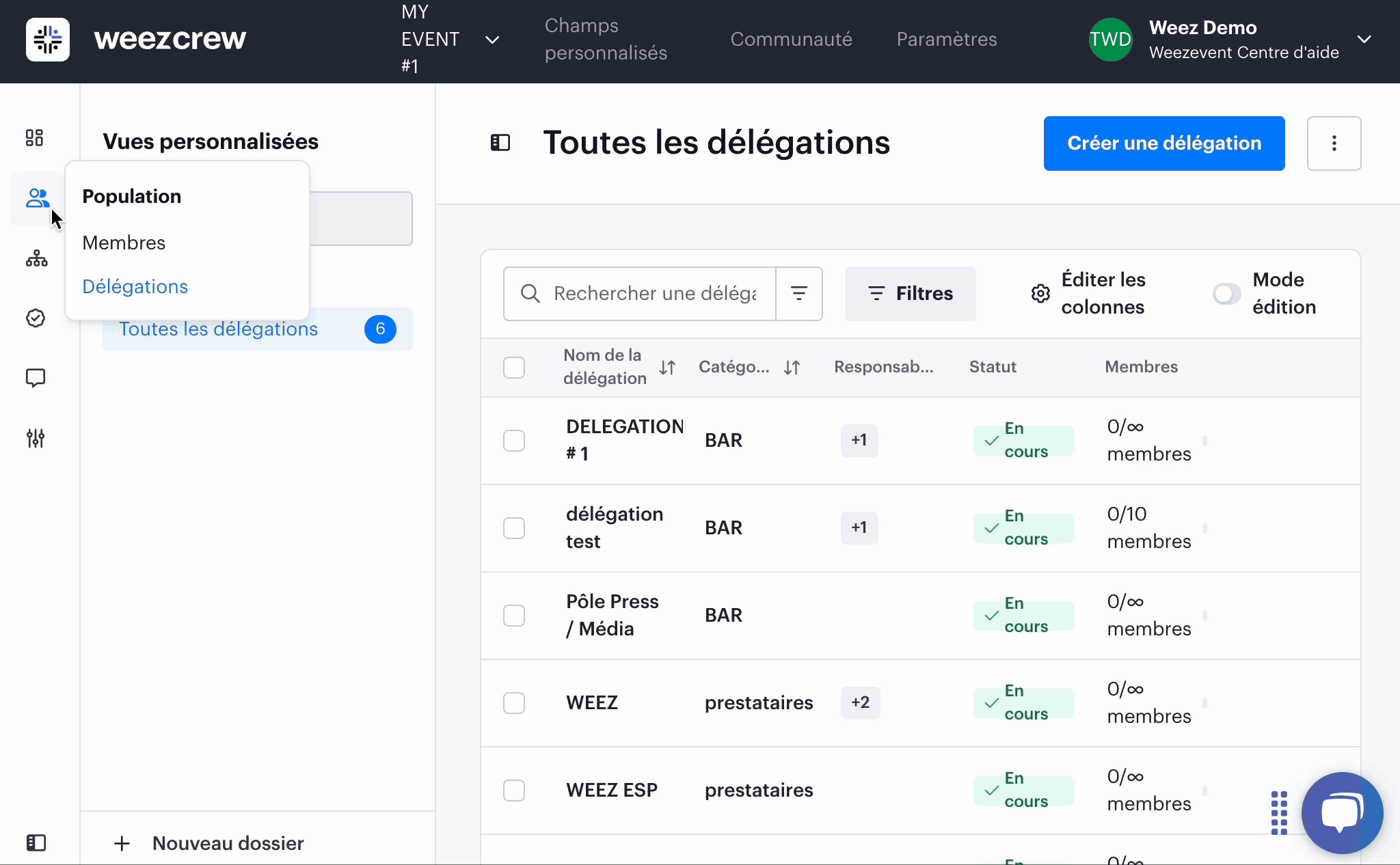 lier délégations à des catégories