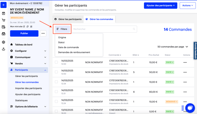 Gérer les commandes de mon événement FR02