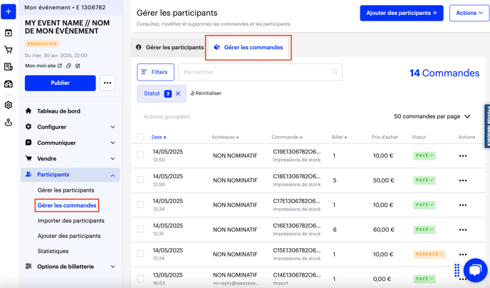 Gérer les commandes de mon événement FRO1