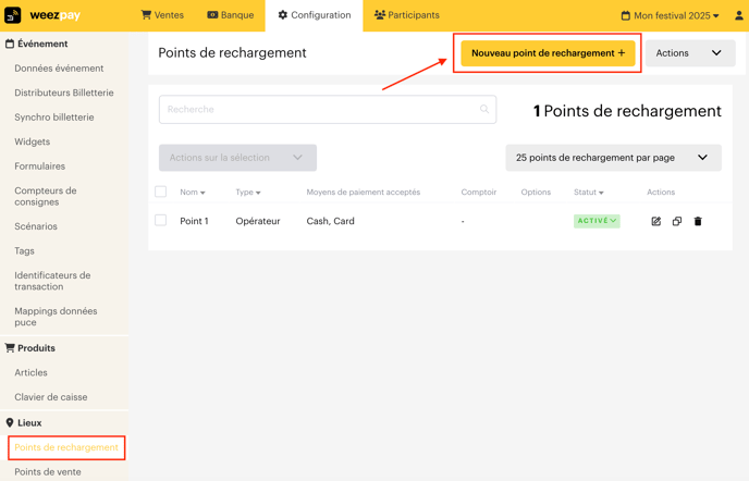 créer et configurer un point de rechargement FR01 cashless