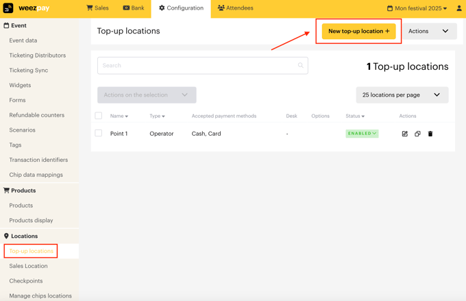 créer et configurer un point de rechargement cashless EN01