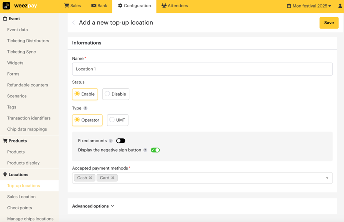 créer et configurer un point de rechargement cashless EN02