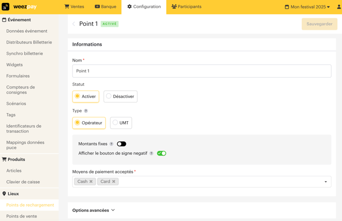créer et configurer un point de rechargement cashless FR02